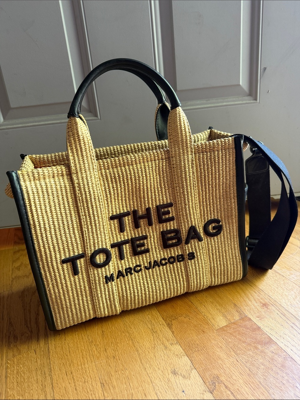 Marc Jacobs Beige Straw Tote with Black Trim and Logo